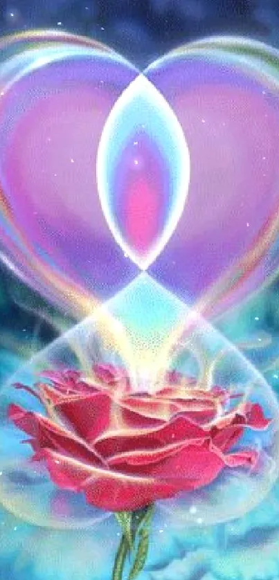 A vibrant heart and rose digital artwork with blue and pink hues.