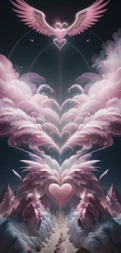 Ethereal heart-shaped clouds with pink hues in a cosmic night sky wallpaper.