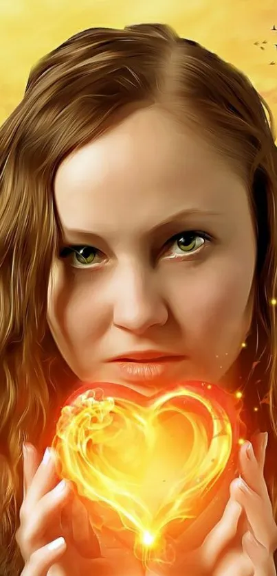 Woman holding a glowing heart with a golden sky background.