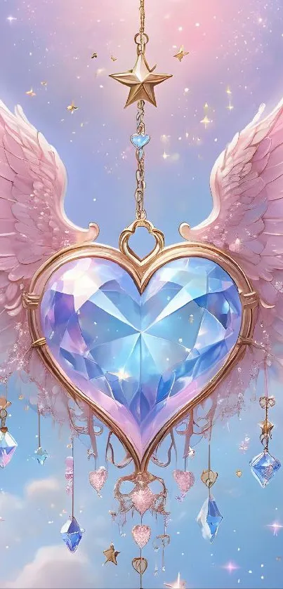 Ethereal heart with wings and stars wallpaper.