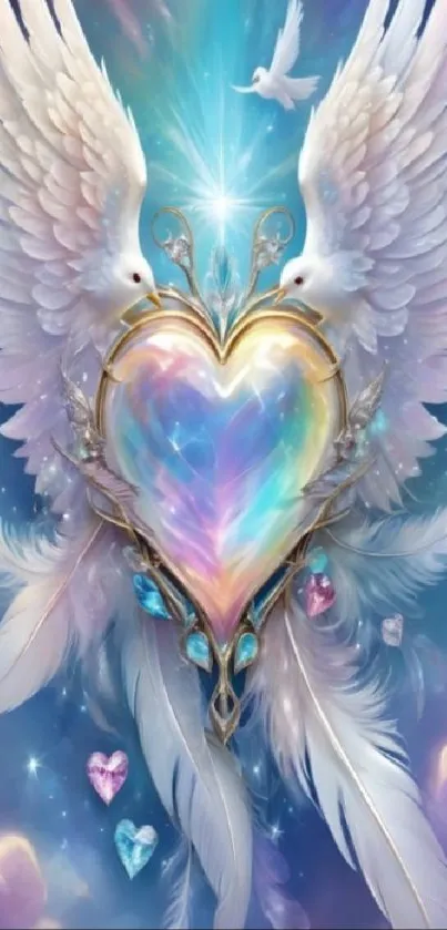 Ethereal heart with doves in a celestial blue background.