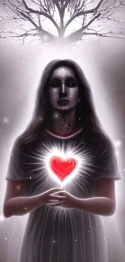 Mysterious woman with glowing heart in ethereal wallpaper design.