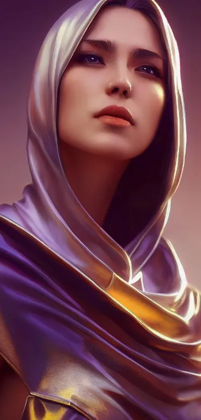 Ethereal woman in hooded cloak, vivid colors.