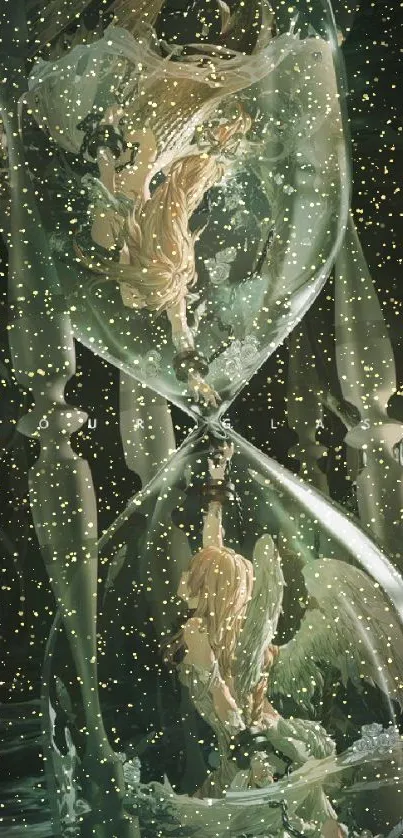 Ethereal hourglass angel artwork for mobile wallpaper in dark green hues.