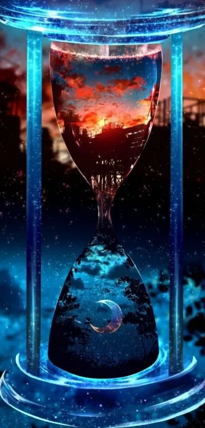 Ethereal hourglass with cosmic galaxy theme and vibrant colors.