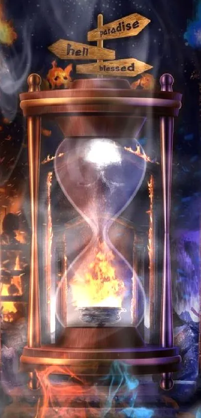 Ethereal hourglass with fire and water elements on a fantasy wallpaper.