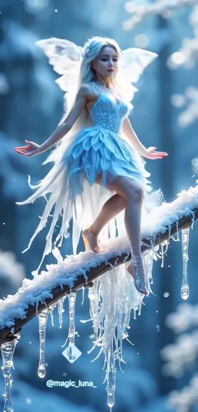 A delicate ice fairy balancing on an icy branch in a winter wonderland.