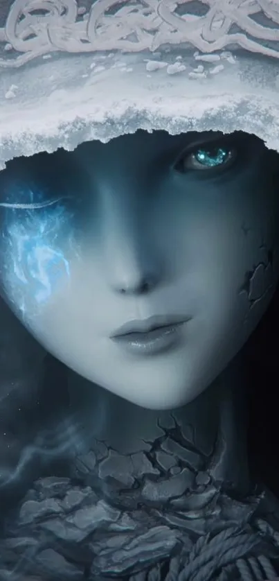 Mystical ice figure with blue eyes on a fantasy-themed wallpaper.