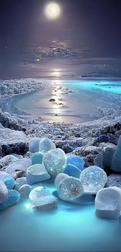 Ethereal ice landscape with moonlit glow.