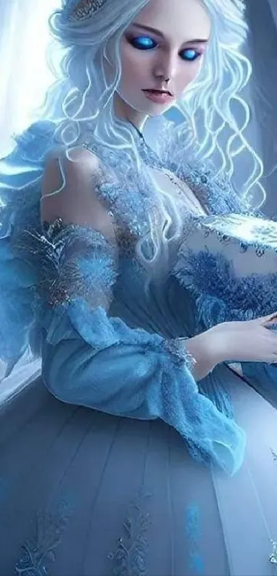 Ethereal fantasy ice queen with blue hues.