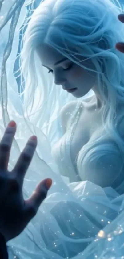 Ethereal ice queen surrounded by frosty beauty, hands reaching out.