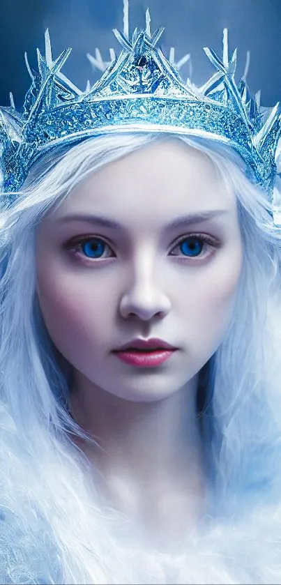 Ethereal ice queen with icy blue crown and hair.
