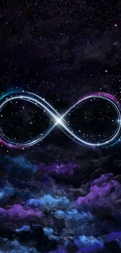 Ethereal infinity sign against cosmic night sky with purple clouds.