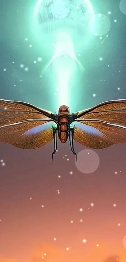 Mystical insect flying towards a glowing celestial light in the night sky.