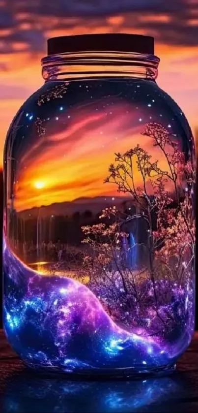 Magical sunset in a jar with cosmic landscape.