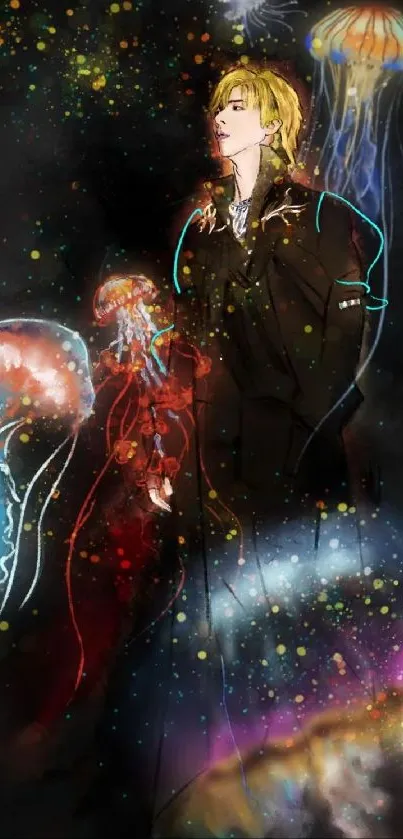 Ethereal jellyfish and figure in a cosmic art wallpaper.