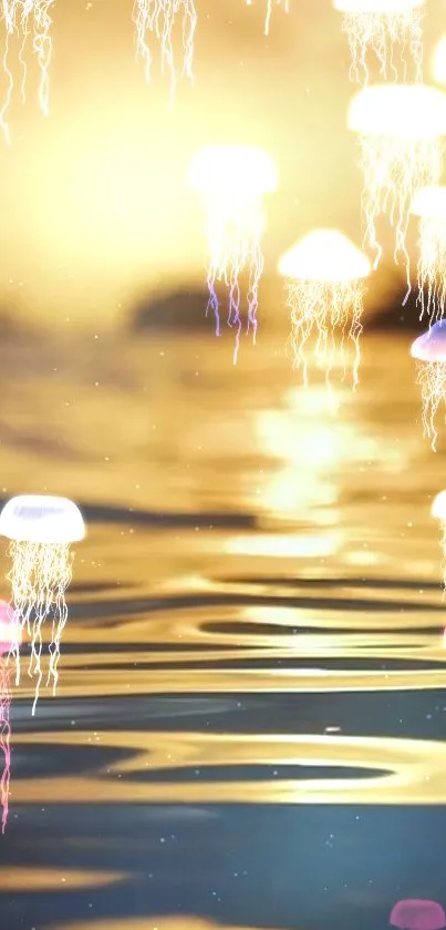 Ethereal glowing jellyfish floating over a tranquil ocean at golden sunset.