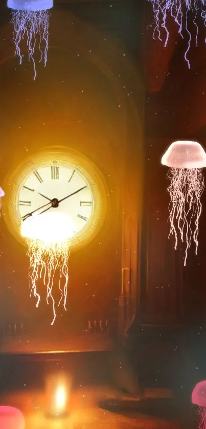 Ethereal wallpaper with jellyfish and clock glowing in amber light.