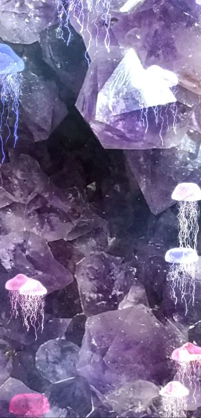 Ethereal jellyfish and crystals in a purple-themed mobile wallpaper.