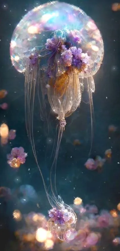 Ethereal jellyfish with flowers on a deep blue background.