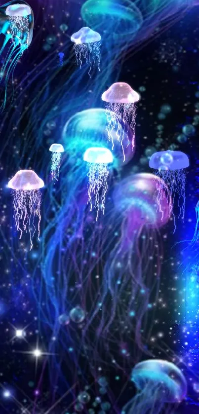 Luminous jellyfish floating in a starry galaxy-themed wallpaper.