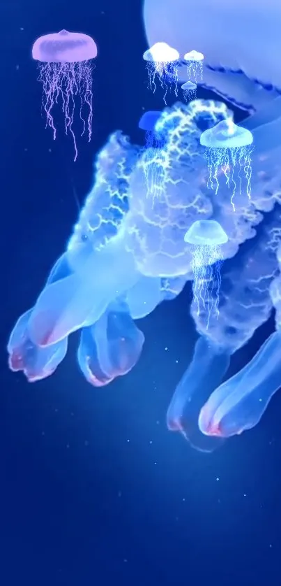 Ethereal glowing jellyfish in deep blue ocean wallpaper.