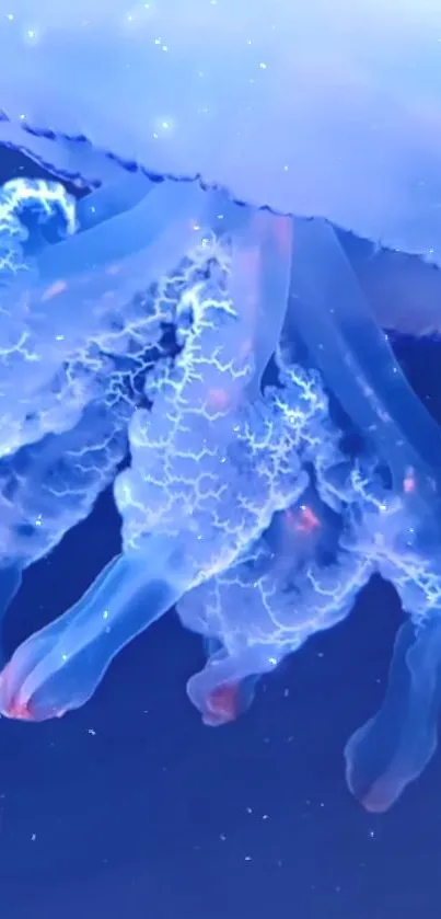 Ethereal blue jellyfish glowing in ocean depths.