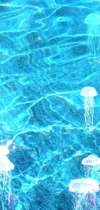 Ethereal jellyfish floating in vibrant aqua blue water, perfect mobile wallpaper.