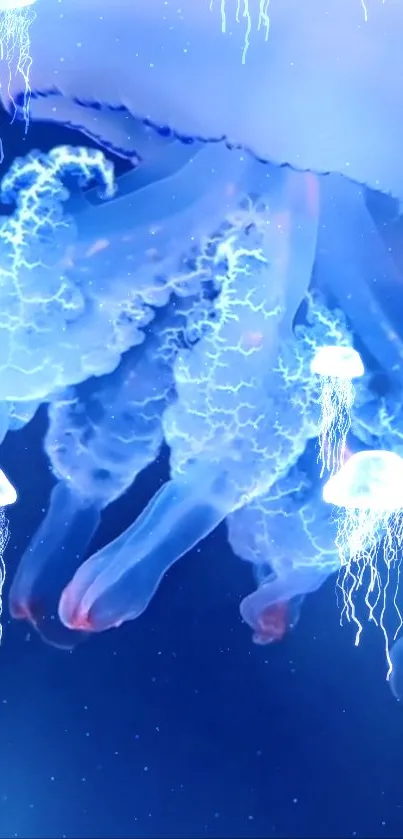 Ethereal glowing jellyfish in a vibrant blue underwater setting.