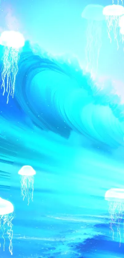 Blue ocean waves with floating jellyfish wallpaper.