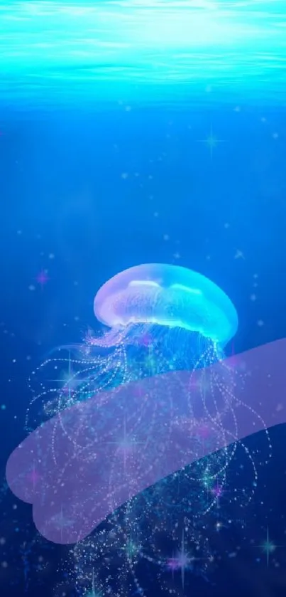 Jellyfish gliding through deep blue ocean with ethereal lighting.