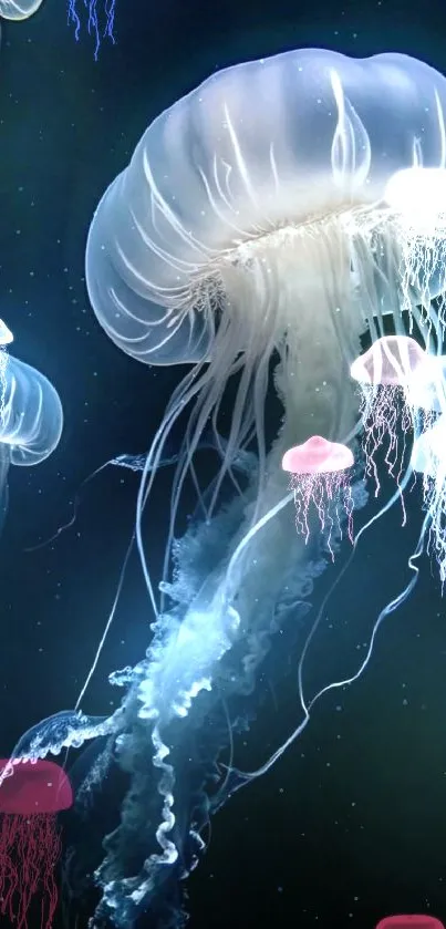 Ethereal jellyfish floating gracefully underwater, showcasing serene ocean beauty.