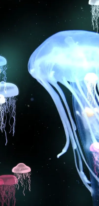 Ethereal jellyfish glowing on a dark ocean background.