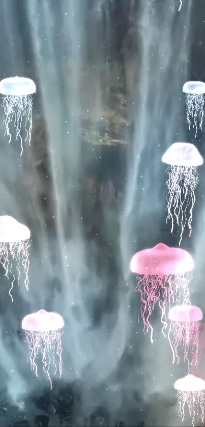 Ethereal jellyfish swim in a dreamy underwater realm, perfect for mobile wallpaper.