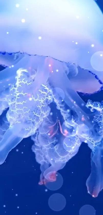 Ethereal blue jellyfish glowing in a captivating underwater scene.