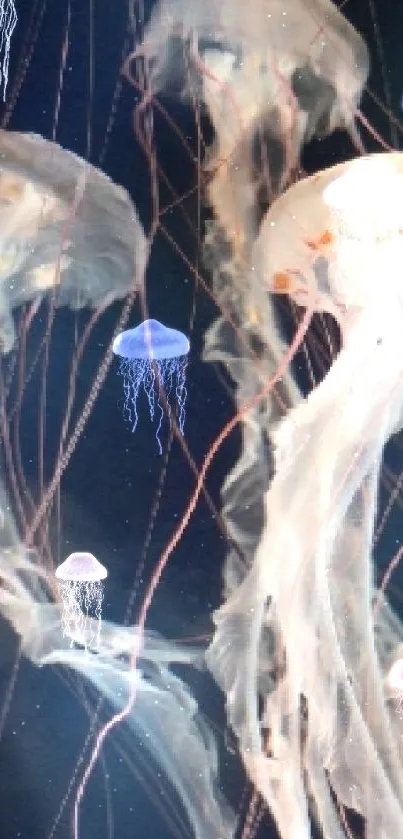 Ethereal jellyfish float gracefully in a dark marine backdrop, creating serene beauty.