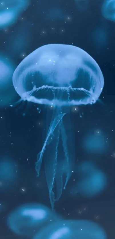 Ethereal jellyfish swimming in deep blue ocean.