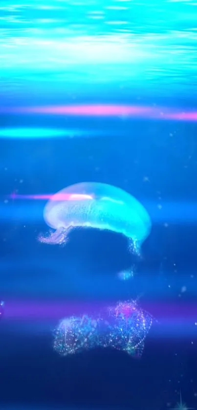 Ethereal and glowing jellyfish in vibrant blue underwater scene.