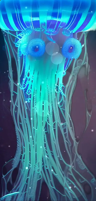 Ethereal blue jellyfish with luminous tentacles in an underwater scene.