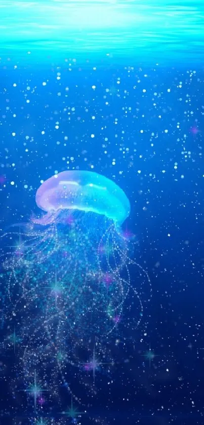 Ethereal blue jellyfish underwater wallpaper with glowing effects.