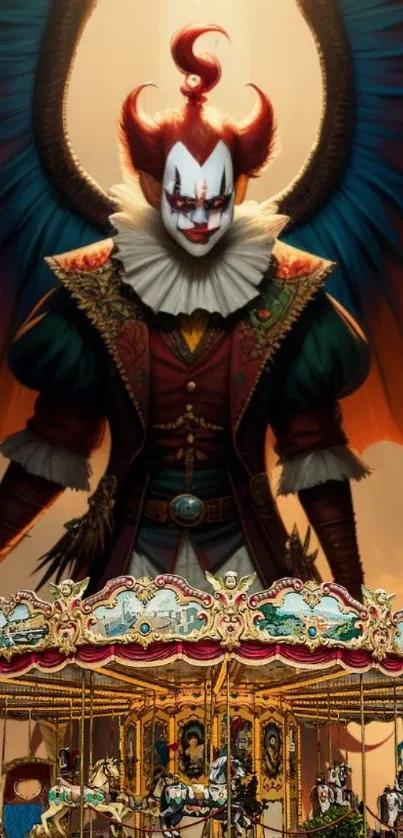 Jester with wings and carousel in fantasy art wallpaper.