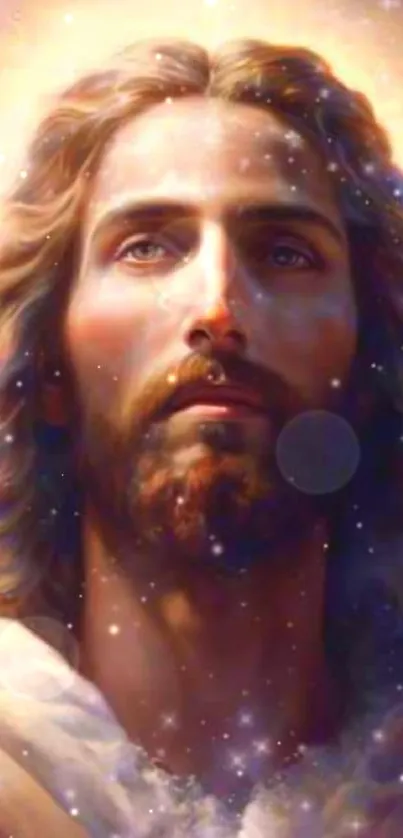 Ethereal portrait of Jesus with radiant colors and a serene expression.