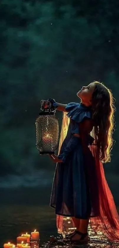 Girl holding lantern surrounded by candles at night.