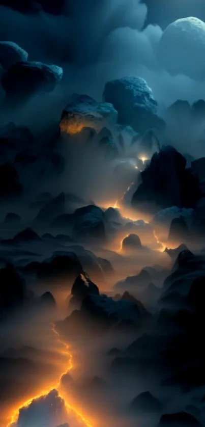 Surreal landscape with glowing lava and mist under a moonlit sky.