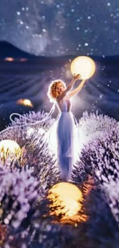 A woman in a lavender field with glowing orbs under a starry night sky.