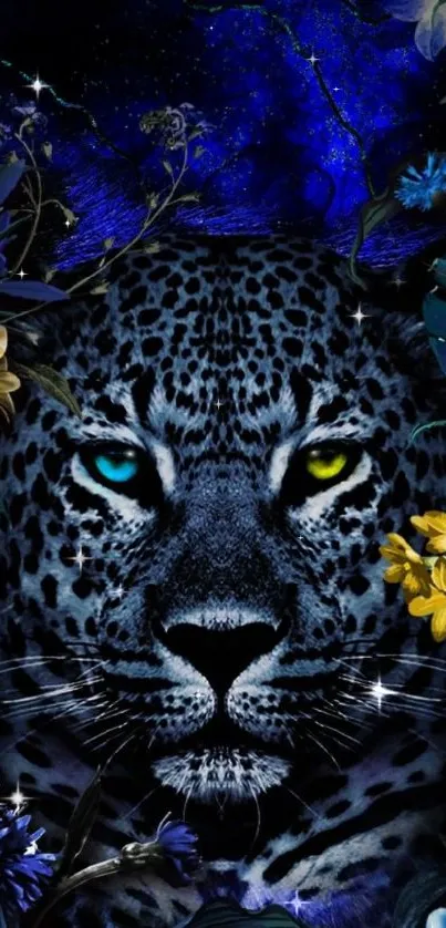 Leopard among vibrant flowers on a blue cosmic background.