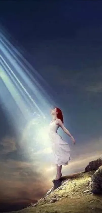 Woman in white dress under ethereal light beam on hilltop.