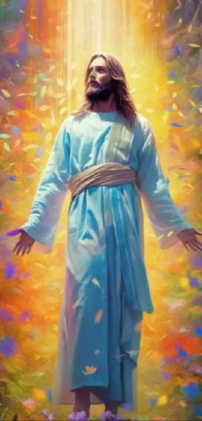 Serene spiritual figure in radiant light and vibrant colors on mobile wallpaper.