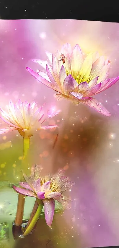 Ethereal pink lotus flowers bloom against a serene backdrop.