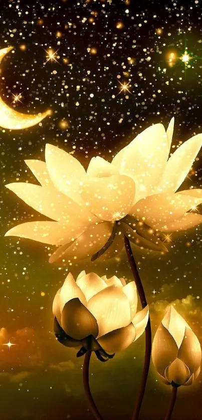 Serene lotus with moonlit stars; golden calm night wallpaper.